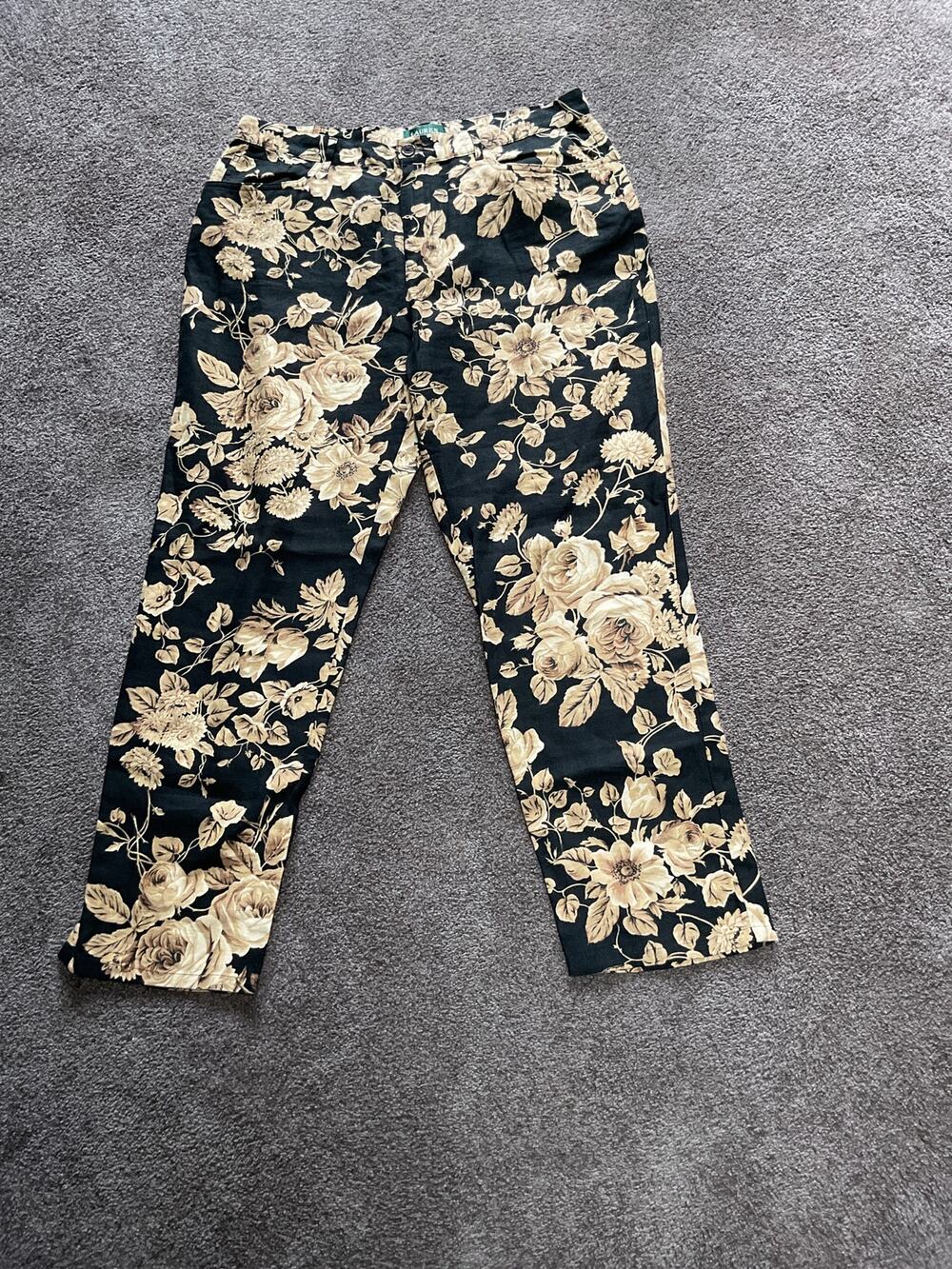 Lauren Ralph Lauren 100% Linen Floral Pants Black Tan Tropical Size 14 Boho